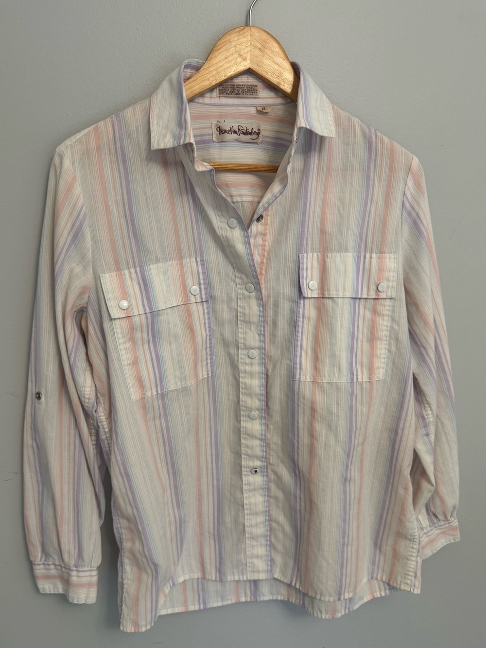 Vintage Diane Von Furstenberg Striped Snap Button Blouse Pastel Size 12